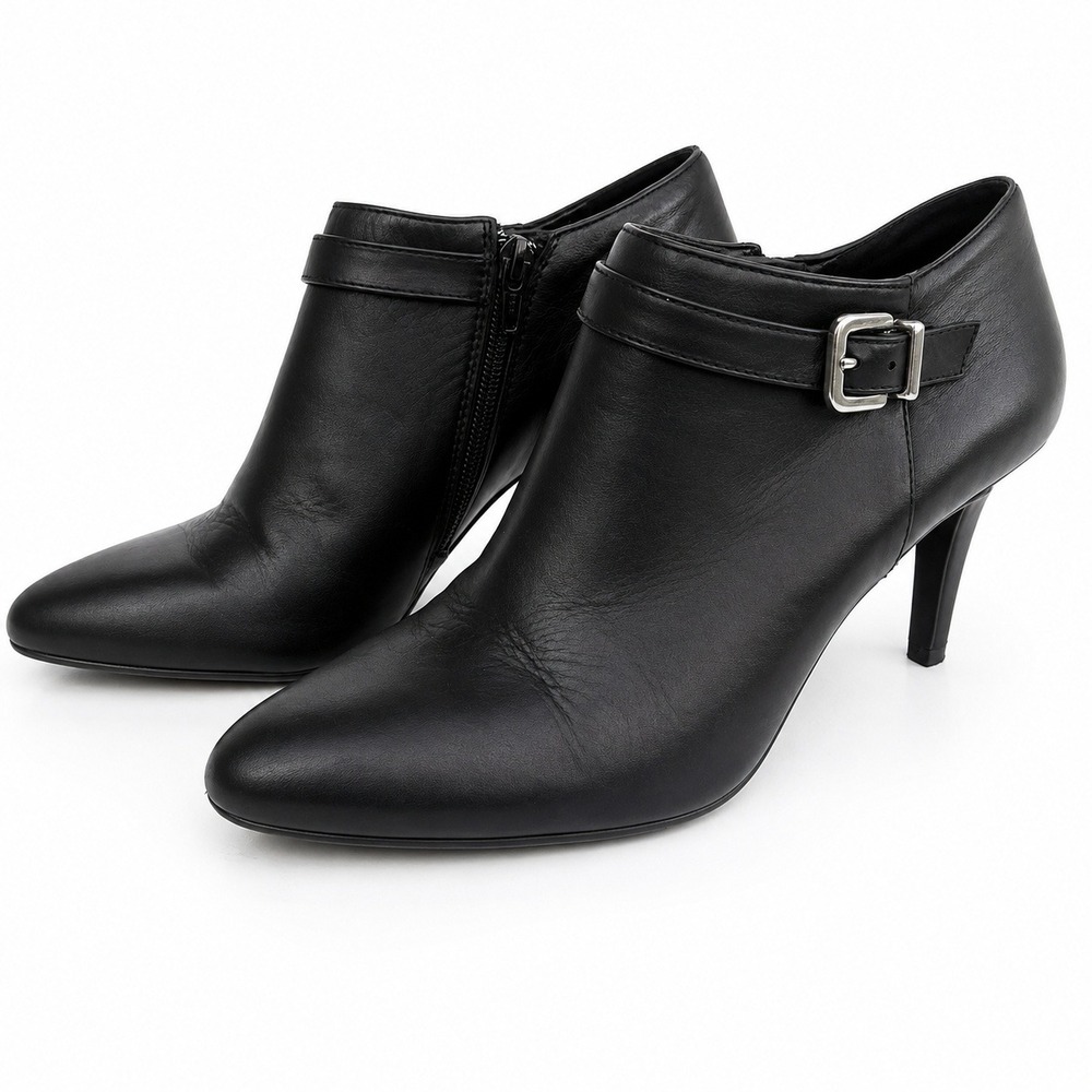 Antonio Melani Black Leather Buckle Ankle Boots Pointed Toe Stiletto Heel 9.5M
